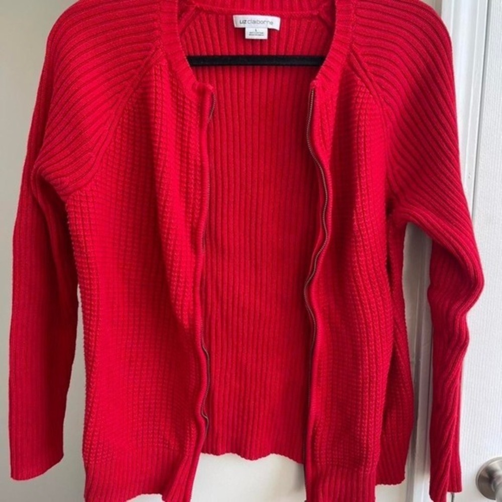 Liz Claiborne Cardigan Womens L Red Waffle Knit Full Zip Cotton Sweater - Picture 4 of 4